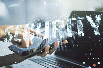 Poster - Cyber security creative concept with finger clicks on a digital tablet on background. Double exposure