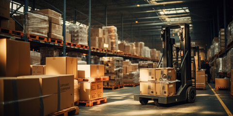 Warehouse of goods with packed cardboard boxes for delivery.