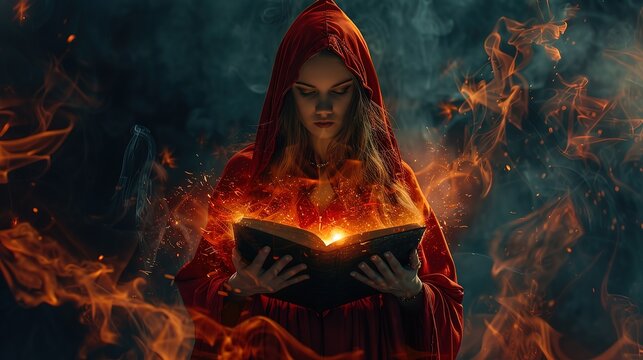 Fantasy woman witch magician in hood holds in hands magic book, bright orange light spells,