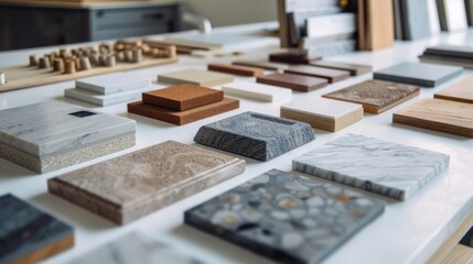 Canvas Print - Material samples displayed on a white table to assist interior designers in choosing suitable materials for design concepts