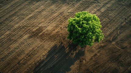 Wall Mural - Tree growing on a ploughed field seen from above