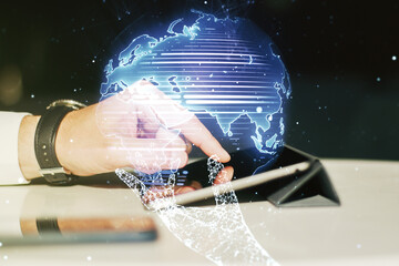 Aufkleber - Multi exposure of abstract creative digital world map and finger presses on a digital tablet on background, research and analytics concept