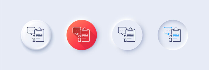 Poster - clipboard document line icon. neumorphic, red gradient, 3d pin buttons. agreement file sign. info da