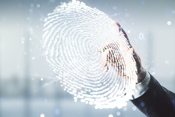 Aufkleber - Man hand clicks on abstract virtual fingerprint illustration on blurred office background, personal biometric data concept. Multiexposure