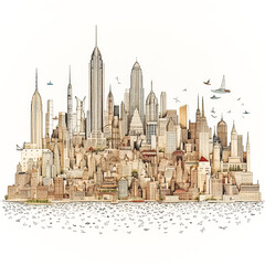 Wall Mural - A cityscape with a large building in the middle and a statue of liberty on the left.