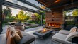 © Abdul - high-end outdoor lounge with a modern fireplace, designer furniture, and retractable roofs and walls that allow for use in any weather, providing a luxurious extension of the indoor living space
