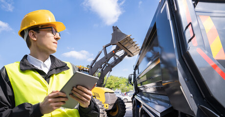 Aufkleber - Engineer with a digital tablet on the background of construction machines