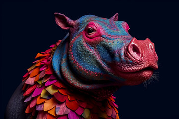 Poster - A colorful hippo with rainbow colored spots on its face.