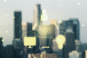 Poster - Double exposure of social network icons hologram on blurry office buildings background. Networking concept