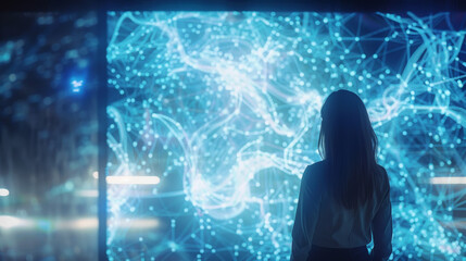Poster - A woman is looking at a computer screen with a blue background