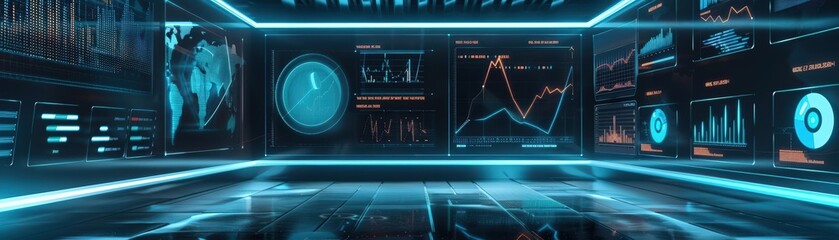 Futuristic business presentation with holographic charts and graphs