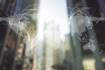 Poster - Double exposure of abstract digital world map hologram with connections on modern skyscrapers background, research and strategy concept