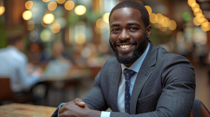 Sticker - Smiling African American manager sitting at his desk in an office shaking hands with a job applicant after an interview