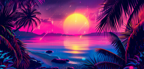 Poster - Tropical retrowave summer illustration with glowing neon colors