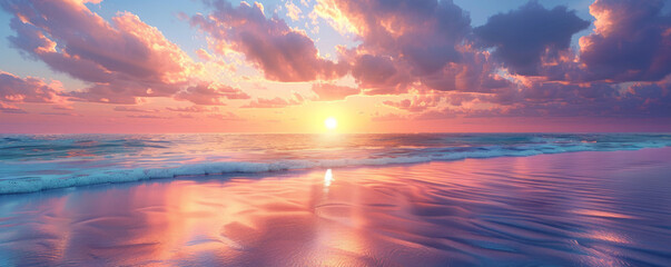 Wall Mural - A tranquil sunset over a calm ocean, the sky ablaze with hues of orange, pink, and purple.