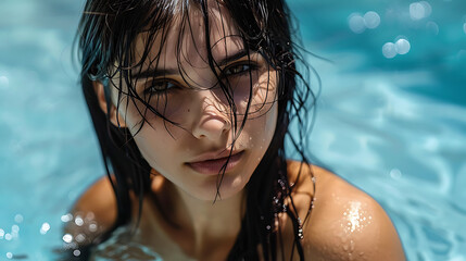 Enchanting Beauty: Close-Up of Young Woman in Sunlit Pool