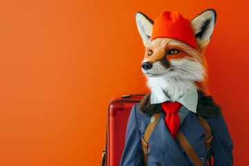 A cartoon fox wearing a tie stands in front of a suitcase