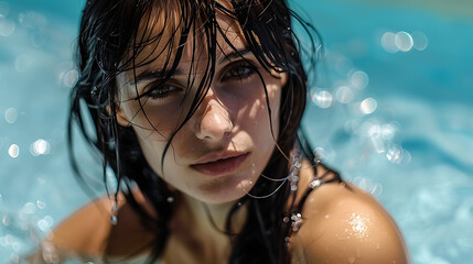 Enchanting Beauty: Close-Up of Young Woman in Sunlit Pool