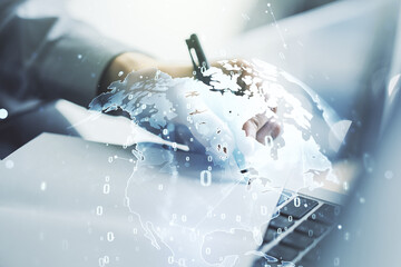 Aufkleber - Multi exposure of abstract programming language hologram with world map and hand writing in notepad on background with laptop, artificial intelligence and neural networks concept