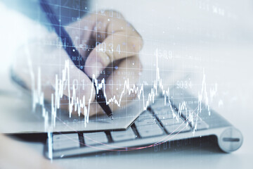Poster - Double exposure of abstract creative financial diagram with hand writing in notebook on background, banking and accounting concept