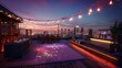 © hameed - rooftop party deck with a dance floor, DJ booth, and bar, all set against a backdrop of city lights, designed for private events and celebrations