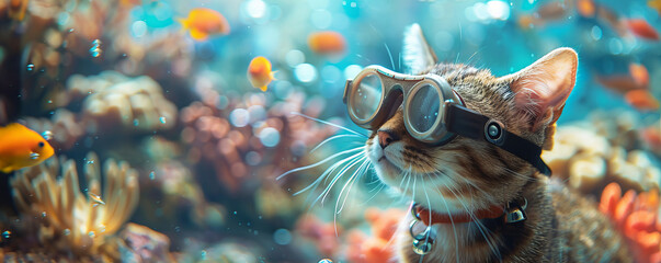 Poster - A cat in diving goggles sits near an aquarium and looks at the fish