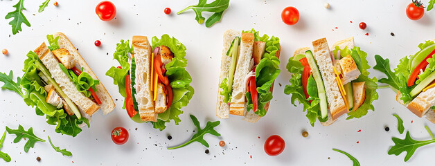 Wall Mural - wide food photo of vegetable club sandwich with salad in white background and blank space for text edits 