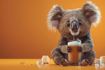 Wall Mural - A cartoon koala is sitting on a table with a glass of orange juice and ice cubes