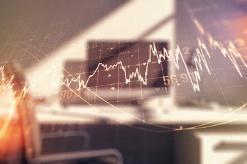 Poster - Abstract creative financial graph and modern desktop with pc on background, financial and trading concept. Multiexposure
