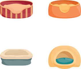 Poster - Collection of four colorful, cozy cartoon pet beds, ideal for petthemed designs