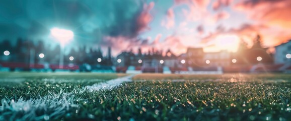 Wall Mural - A Bright Sky Provides A Cheerful Backdrop To A Blurred Football Field, Enhancing The Energetic Atmosphere