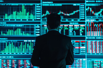 Poster - A man in a suit is looking at a computer screen with many graphs and numbers