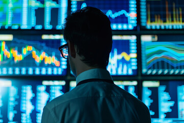 Poster - A man is looking at a computer screen with many graphs and numbers