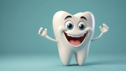 A cheerful 3D illustration of a smiling tooth character with a playful expression. Perfect for dental health promotions and educational materials.