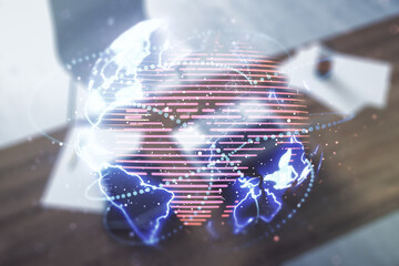 Aufkleber - Double exposure of abstract digital world map with connections and modern desk with computer on background, big data and blockchain concept