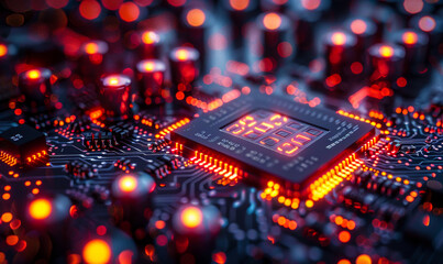 Poster - cyber security concept: close-up of high-tech circuit board with glowing red elements, emphasizing t