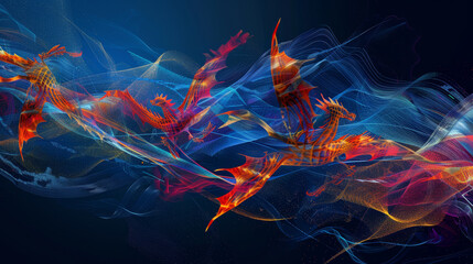  - A colorful dragon is flying through a blue and purple wave