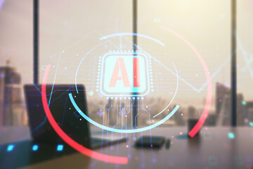 Poster - Double exposure of creative artificial Intelligence abbreviation and modern desk with computer on background. Future technology and AI concept