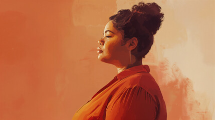 A plus-size model standing in profile, with her head turned slightly towards the viewer and a serene expression. , illustration of a plus size model posing