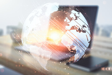 Poster - Multi exposure of abstract graphic world map and modern desktop with pc on background, big data and networking concept