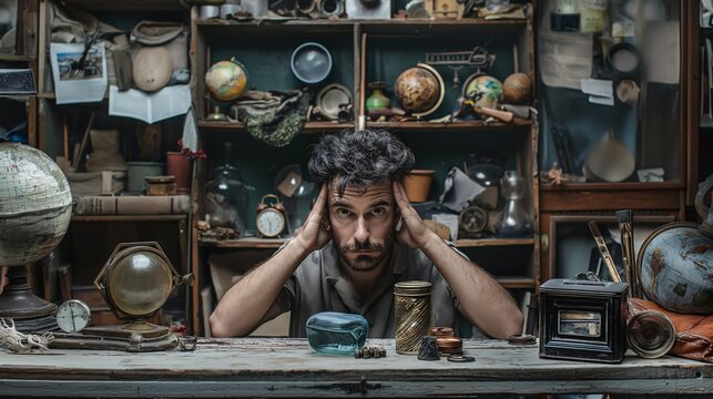 A confused man in a cluttered shop filled with various antique items, including globes, clocks, and trinkets. Vintage and chaotic scene.