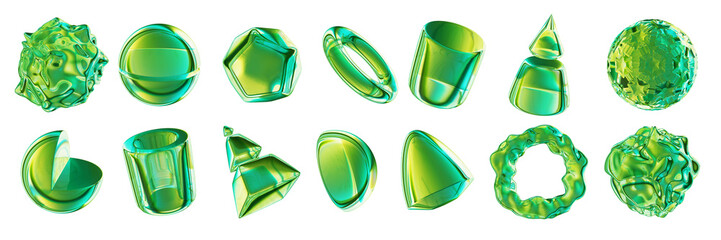 Wall Mural - 3D geometric glass shapes set, green transparent gradient crystal objects, futuristic modern figure. Y2k creative decoration brutal elements, deformed orb, sphere, cone, ring. Glossy 3D shapes icon