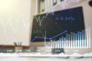 Poster - Double exposure of abstract creative financial chart and modern desktop with laptop on background, research and strategy concept