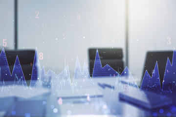 Poster - Abstract creative analytics data spreadsheet and modern desktop with pc on background, analytics and analysis concept. Multiexposure