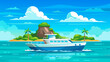 © Sumondesigner_42 - A boat in turquoise ocean water with a backdrop of blue sky, white clouds, and a tropical island. A perfect natural landscape for a summer vacation
