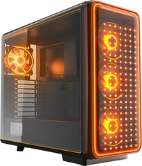 Poster - Personal computer transparent  PC. The glass gaming case features four orange circular fans