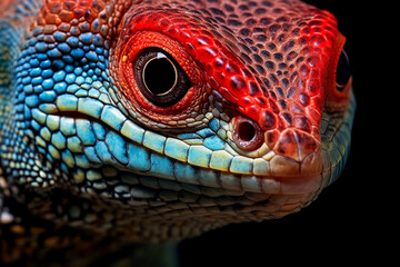 Wall Mural - A close up of a lizard's face with red and blue markings