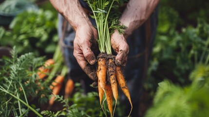 Wall Mural - Close up shot of a person holding a freshly harvested bunch of carrots in a garden, with dirt still clinging to the roots