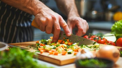 Wall Mural - Hands of a cook chopping vegetables on a wooden cutting board, with an array of fresh produce and herbs around