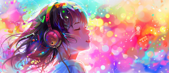 Canvas Print - a Girl wearing headphones with iridescent pastel music background